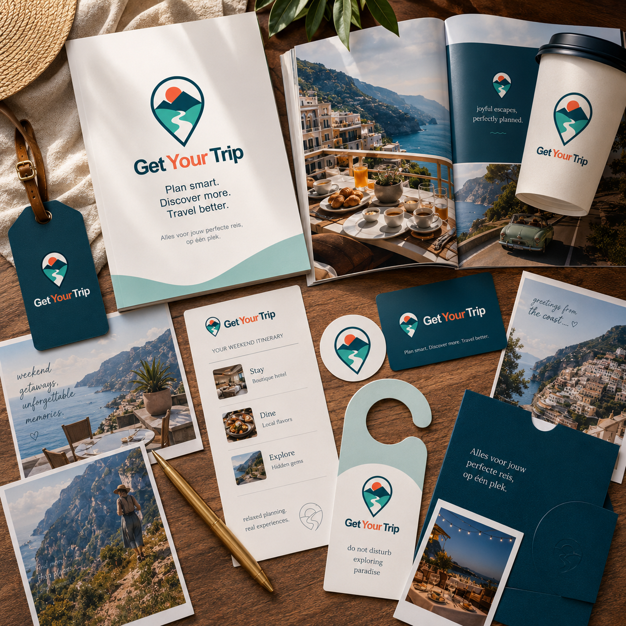 GetYourTrip merkartikelen: gids, koffie, luggage tag, weekendplanner